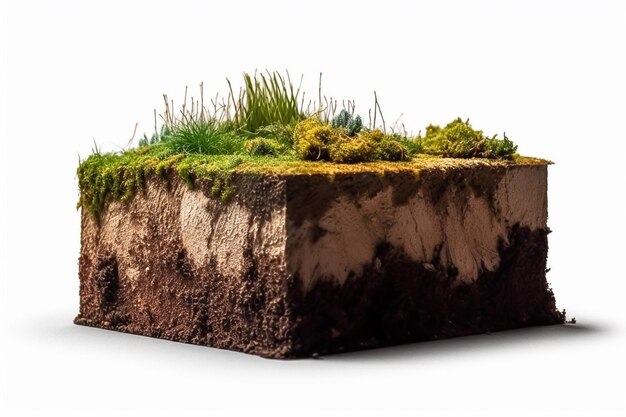 Piece of island with soil stone and grass layers on isolated white background