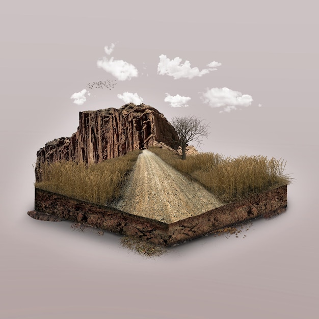 Piece of land or field with dry and off road 3D illustration of land isolated unusual illustration