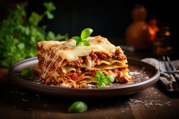 Piece of lasagna with bolognese sauce on plate Italian cuisine