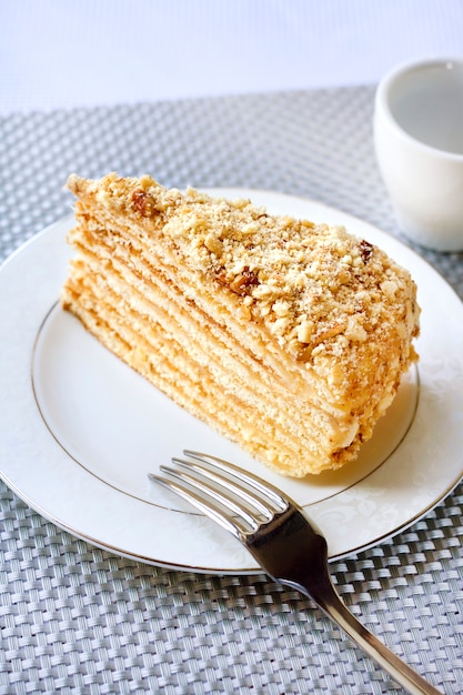 Piece of layer cake with custard and walnuts on a plate