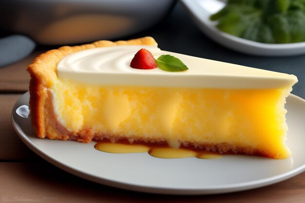 A piece of lemon pie with a strawberry on top