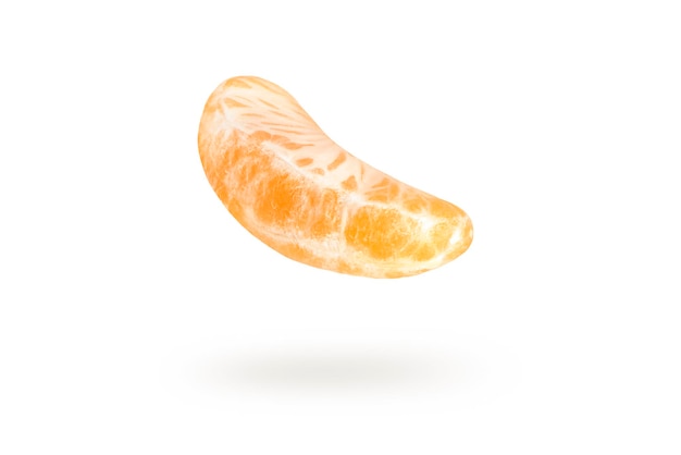 A piece of mandarin isolated on a white background, falling casting a shadow. Individual segments of tangerine slices, for inserting into a project or design.