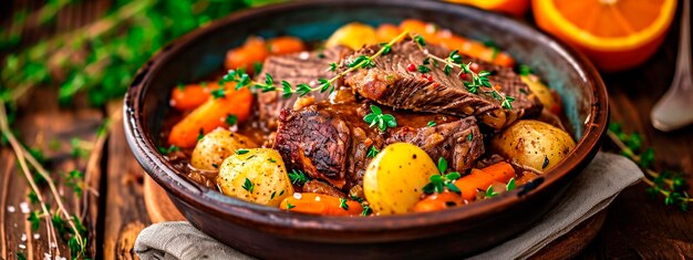 Photo a piece of meat baked with potatoes and carrots selective focus