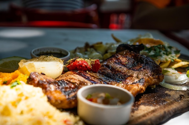 Piece of meat cooked on a wooden board