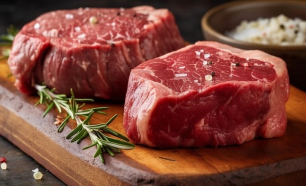 A piece of meat on a cutting board with a sprig of rosemary on it