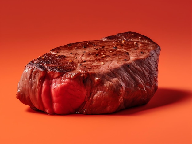 A piece of meat with a red background and the word steak on it.