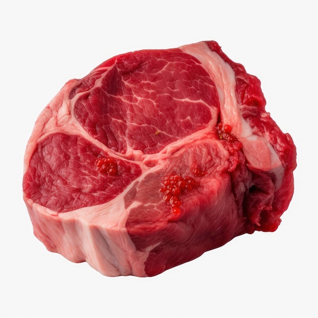 A piece of meat with red and white on the bottom.