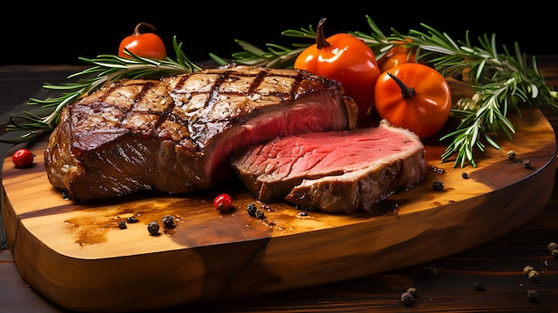 A piece of meat with spices and herbs A piece of beef sits on a cutting board