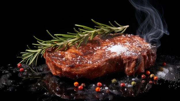 Piece of meat with sprig of rosemary Perfect for showcasing delicious and aromatic meal