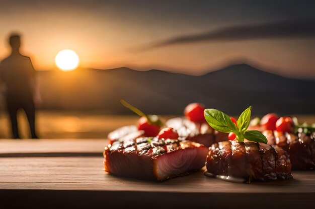 A piece of meat with strawberries on the top