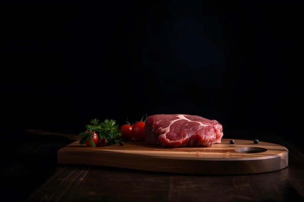 Кусок мяса на деревянной разделочной доске с черным фоном.