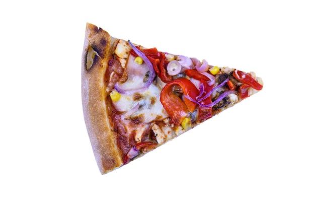 Photo piece of mexicana pizza with salami sausage, vegetables and parmesan cheese isolated on a white background