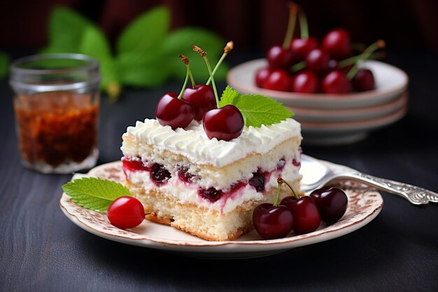 Photo a piece of milk cake with cherries