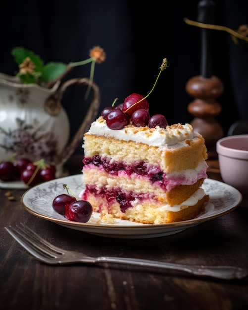 Piece of Norwegian Cream Cake with berries on the dark background