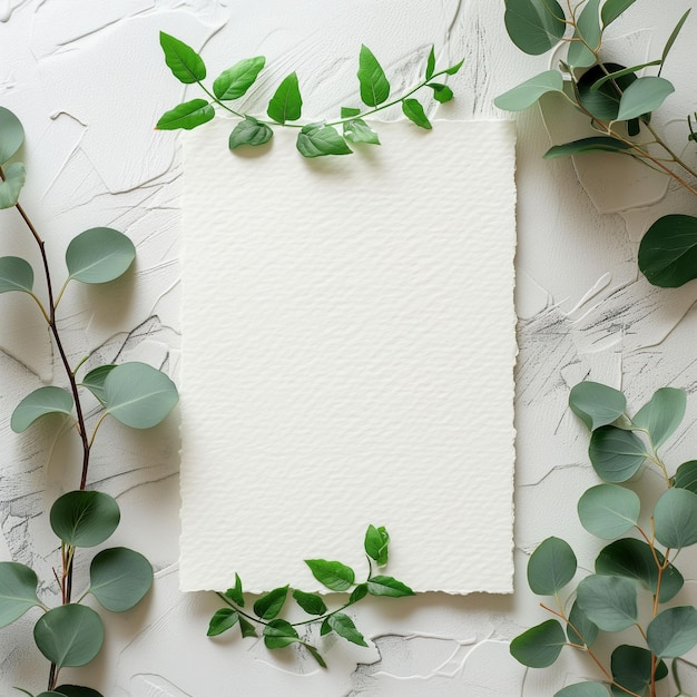 Foto un pezzo di carta circondato da foglie verdi