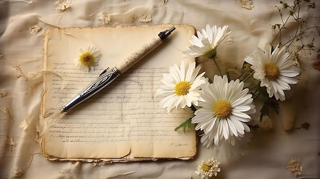 a piece of paper with daisies on it and a pen on it