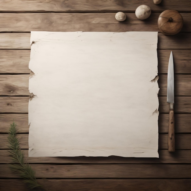 Photo a piece of paper with a knife and a knife on a wooden table.