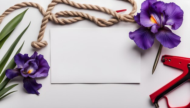 a piece of paper with purple flowers on it and a white card with purple flowers