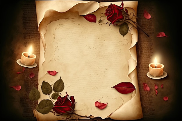 A piece of paper with roses and a candle on it