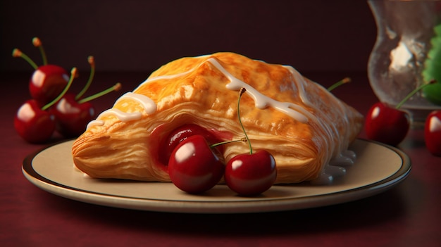 A piece of pastry with cherries on it