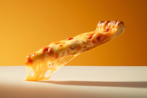 A piece of pizza is being washed in a puddle of liquid