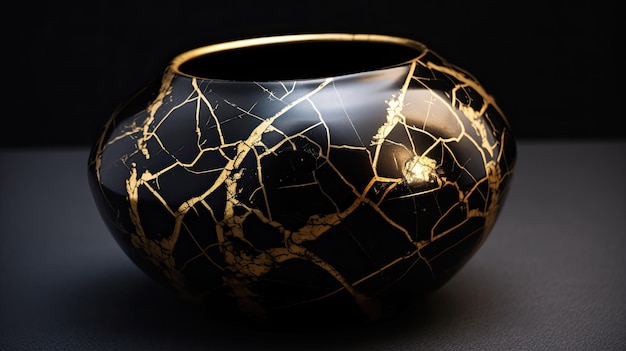 A piece of pottery that has been repaired with the gold kintsugi art with Generative AI Technology