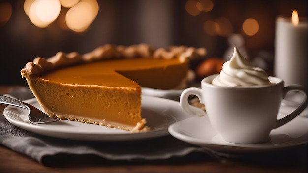 Piece of pumpkin pie and cup of coffee on a wooden table