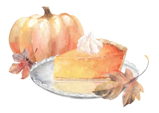 a piece of pumpkin pie with whipped cream on glass plate hand drawn watercolor illustration