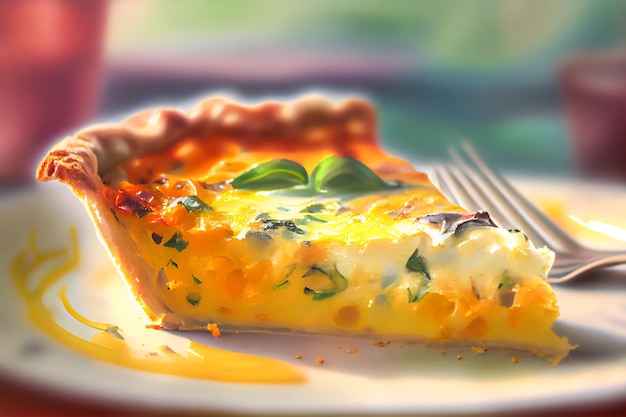 A piece of quiche with a fork on it