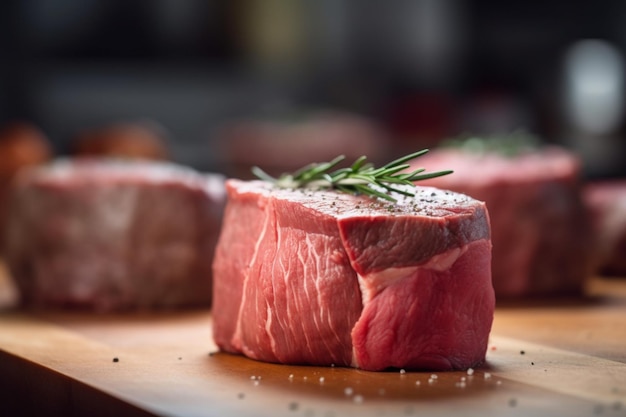 A piece of raw beef on a cutting board with a sprig of rosemary on it