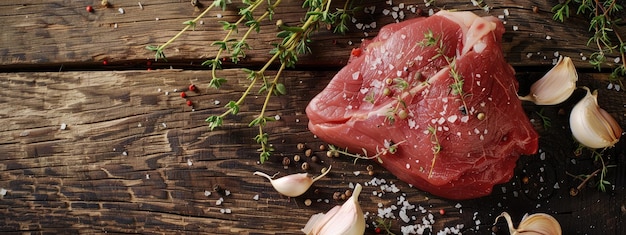 Piece of raw beef meat garlic and thyme on wooden table closeup