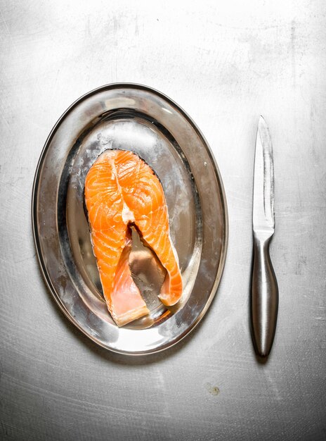 Piece of raw salmon on a tray on the metal table.