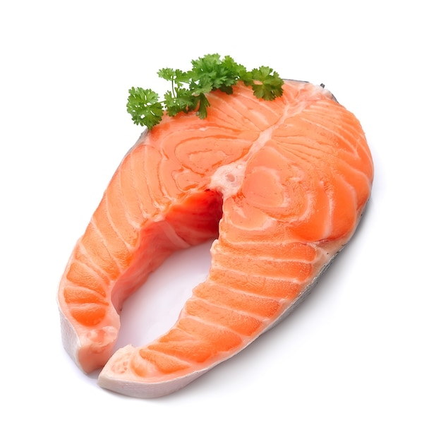 Piece of a salmon fish in closeup isolated