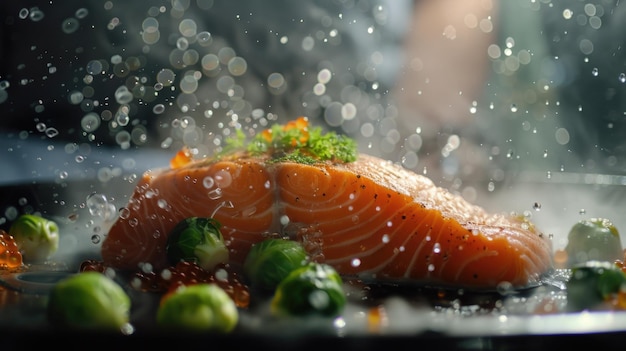 Photo a piece of salmon is sitting on a plate with some broccoli