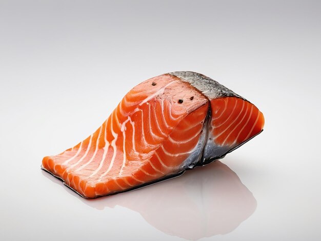 A piece of salmon photo from an angle on a white background