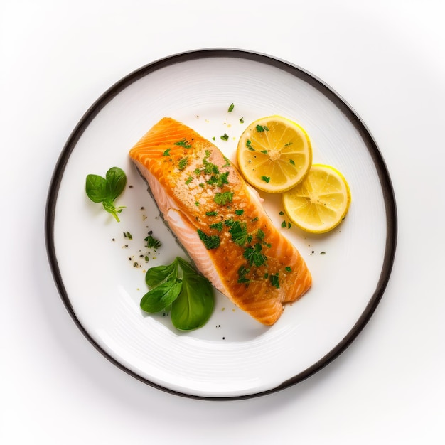 Piece of salmon on plate with lemon slices Generative AI