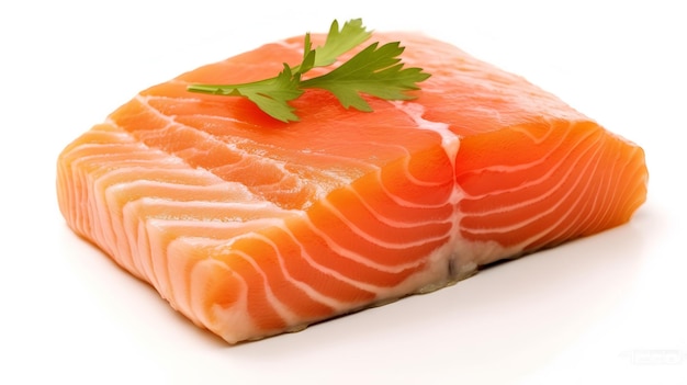 A piece of salmon with a green leaf on top of it on a white surface with a white background