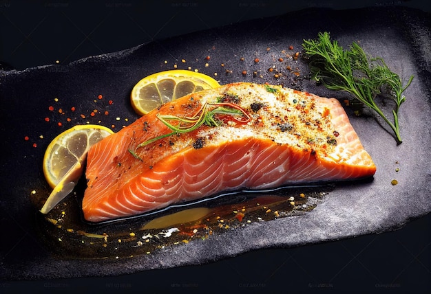 A piece of salmon with lemon and dill on a black background.