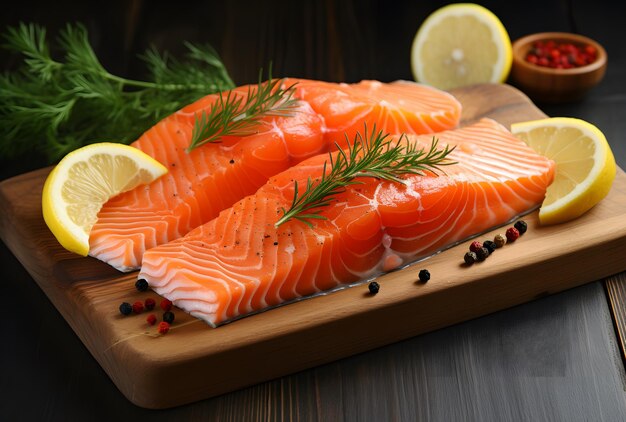 a piece of salmon with lemons and herbs on a wooden cutting board