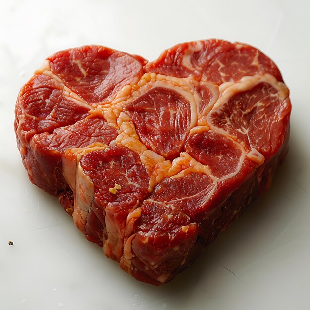 Photo a piece of sheep meat shaped like a heart is on a white background
