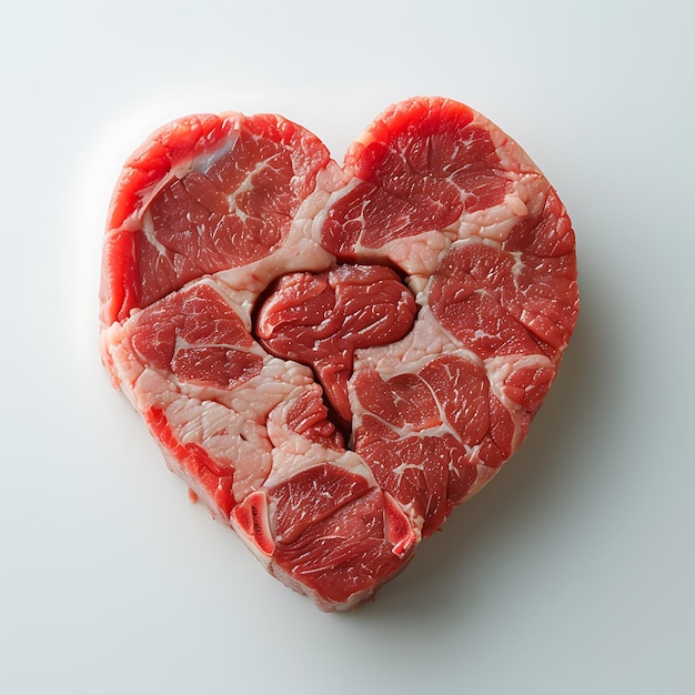 A piece of sheep meat shaped like a heart is on a white background