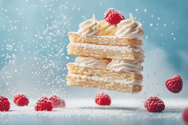 Piece of sponge cake whipped cream raspberries and powdered sugar levitation in air blue background