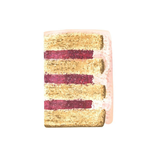 A piece of sponge cake with berry filling Watercolor illustration An isolated object from a large set of SWEETS For decoration design and compositions of menus recipes kitchen accessories