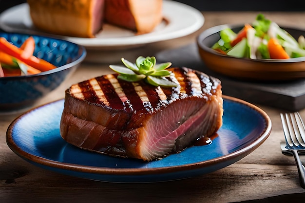 a piece of steak is on a plate with a bowl of salad.