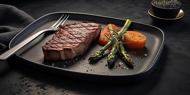 a piece of steak and some sides are on a plate in the style of dark gray and brown