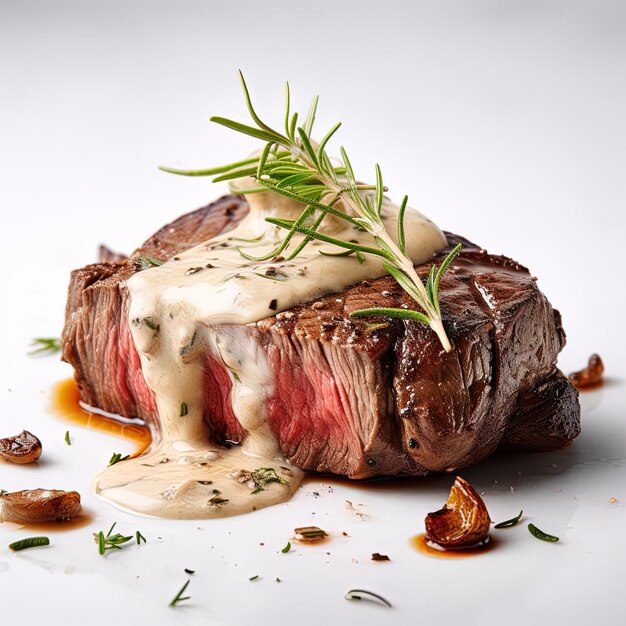 Photo a piece of steak with cream sauce and a sauce of parsley