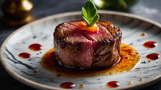 Photo a piece of steak with a green leaf on the top