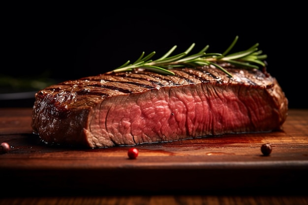 A piece of steak with a leaf on it