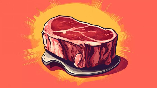 A piece of steak with a red background and the word steak on it.