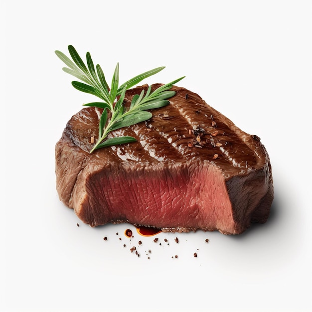 A piece of steak with a sprig of rosemary on it